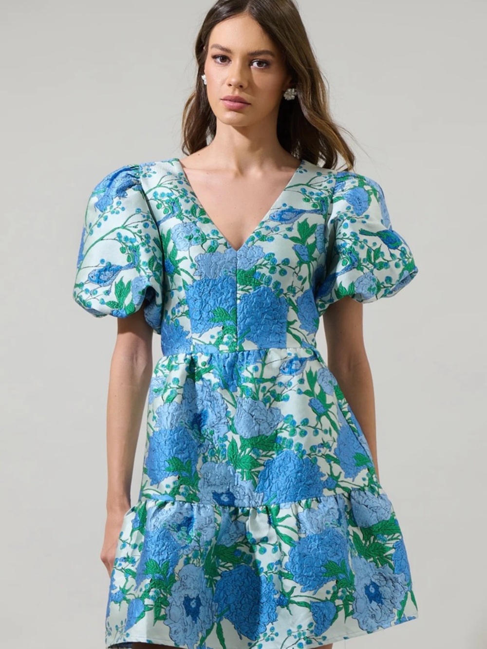 Sugarlips Willa Floral May Jacquard Tiered Mini Dress Blue Green Size XS NWT